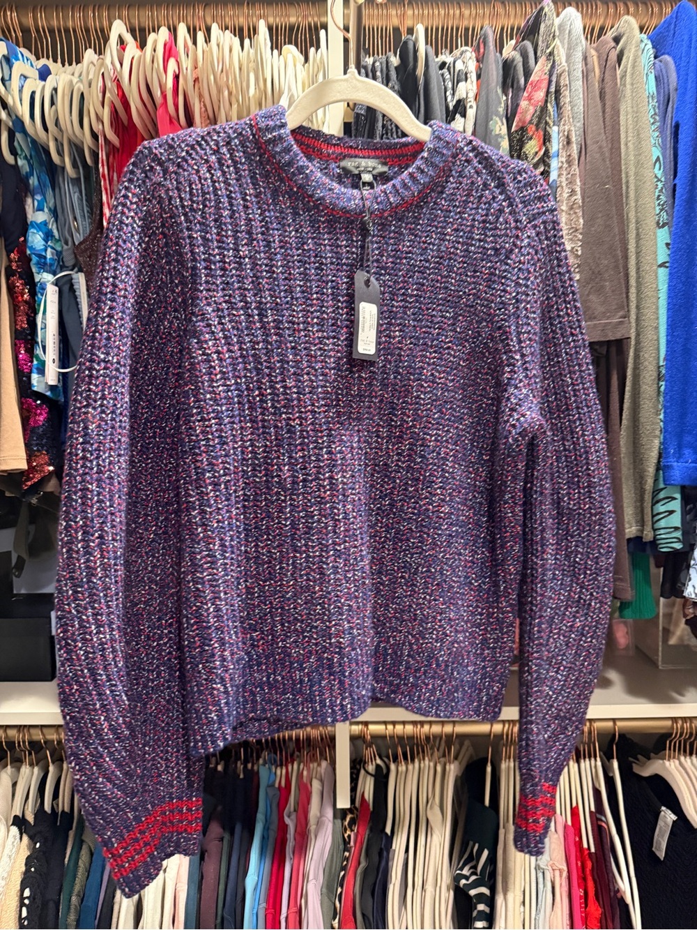 rag & bone blue Multicolor Crewneck Sweater with Red Cuff Detail